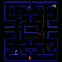 a maze with stick figures in it and the letter t on the bottom right