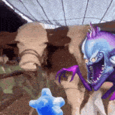 a purple and blue monster is standing next to a blue star in a cave .