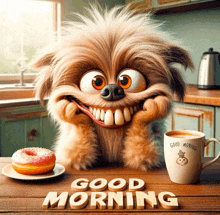 a cartoon dog is sitting at a table with a cup of coffee and a donut with the words good morning written on the table