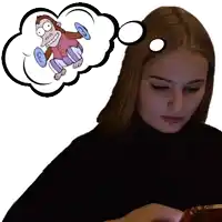 a woman is thinking about a cartoon monkey lifting a barbell