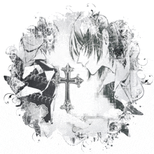 a black and white drawing of a man with a cross and the word all rights reserved