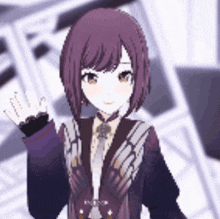 a purple haired anime girl is waving her hand in front of a geometric background .