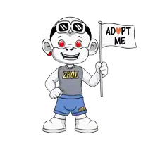 a cartoon character with adopt me written on a flag