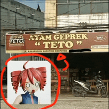 a chicken restaurant called ayam geprek teto has a picture of a girl with red hair in front of it