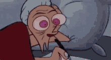 an elderly cartoon character is writing on a piece of paper .