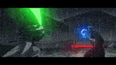 a man with a green lightsaber is fighting another man with a red lightsaber in the rain .