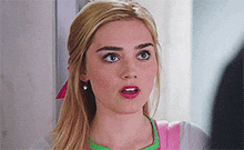 a close up of a woman 's face with a surprised expression on her face .