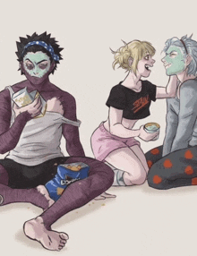 a drawing of a group of people with one wearing a shirt that says stan