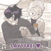 a cartoon drawing of two men with the words lavyfrei written above them