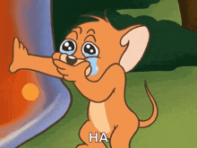 jerry from tom and jerry is crying with a tear coming out of his eye