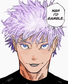 a drawing of a person with purple hair and the words nah i 'd gamble