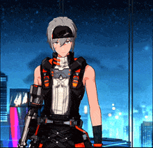 a gray haired anime character is standing in front of a window with a city in the background