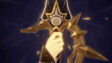 a person is holding a sword that has a star on it