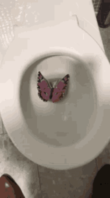a toilet with a pink butterfly on the seat