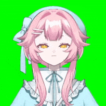 a girl with pink hair is wearing a blue hat and a white shirt
