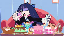 a cartoon character is sitting on a couch surrounded by food and a box that says ' ii ' on it