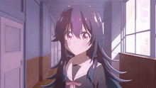 a girl with purple hair and red eyes is walking down a hallway