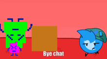 a cartoon character says bye chat in front of a brown box