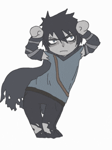 a cartoon drawing of a person with a gray shirt and black pants
