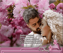 a picture of a man kissing a woman with the words weekend relaxant on the bottom