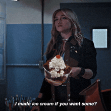 a woman is holding an ice cream sundae and asking if she made ice cream