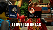 two lego figures are standing next to each other with the words " i love jailbreak " on the bottom