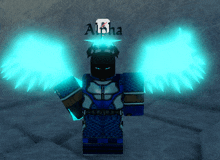 a cartoon character with glowing blue wings and the name alpha on top