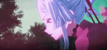 a close up of a girl 's face with purple hair