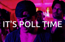 a purple and white image with the words it 's poll time