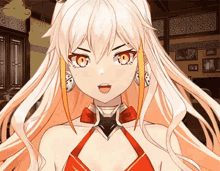 a girl with long white hair and orange eyes is wearing a red dress