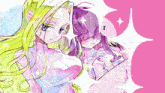 a drawing of a girl with long blonde hair and a purple haired girl with a pink background