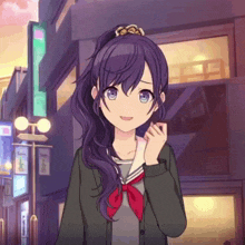 a girl with long purple hair and a red bow tie