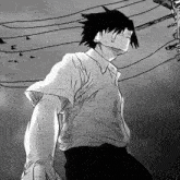 a black and white drawing of a man standing in front of telephone wires