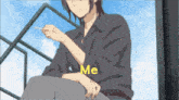 a man in a black shirt is smoking a cigarette with the word me above him