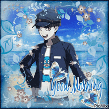 a picture of a boy on a beach with the words good morning on it