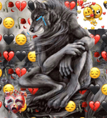 a painting of a wolf surrounded by broken hearts