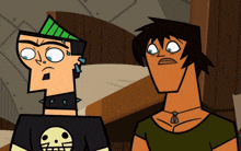 two cartoon characters are standing next to each other with one wearing a skull shirt