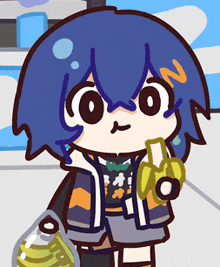 a cartoon drawing of a girl with blue hair holding a bottle