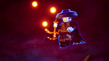a lego figure is holding a sword and a torch