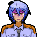a pixel art drawing of a girl with blue hair and red eyes wearing a purple shirt and tie .
