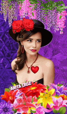 a woman wearing a hat with red roses in her hair is surrounded by flowers and the name anita cruz on the bottom