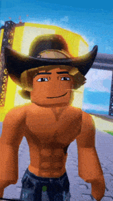 a shirtless roblox character wearing a cowboy hat is smiling