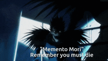 a silhouette of a demon with the words memento mori remember you must die on the bottom
