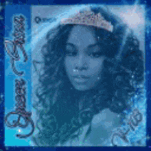 a woman is wearing a tiara on her head in a blue frame .