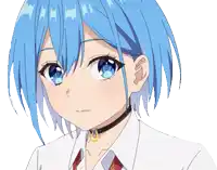 a close up of a girl with blue hair and a choker around her neck
