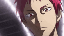 a close up of a cartoon character with red hair and red eyes