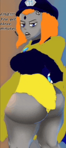 a woman with orange hair is wearing a blue hat and a yellow skirt