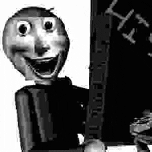 a black and white image of a cartoon character holding a chalkboard .