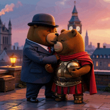 two teddy bears standing next to each other with a big ben clock tower in the background