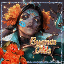 a picture of a woman with flowers on her face and the words buenos dias on the bottom